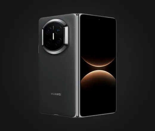 Huawei Mate X7 in Schwarz, Rückseite und aufgeklapptes Innendisplay